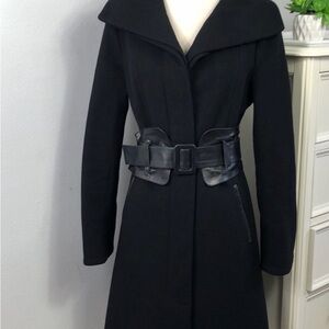Mackage Black Long Wool Blend Coat with Leather Belt
